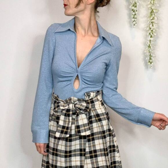 NWT ZARA long sleeve collared top keyhole cutout v-neck glitter y2k 90s 2928 - Picture 13 of 13